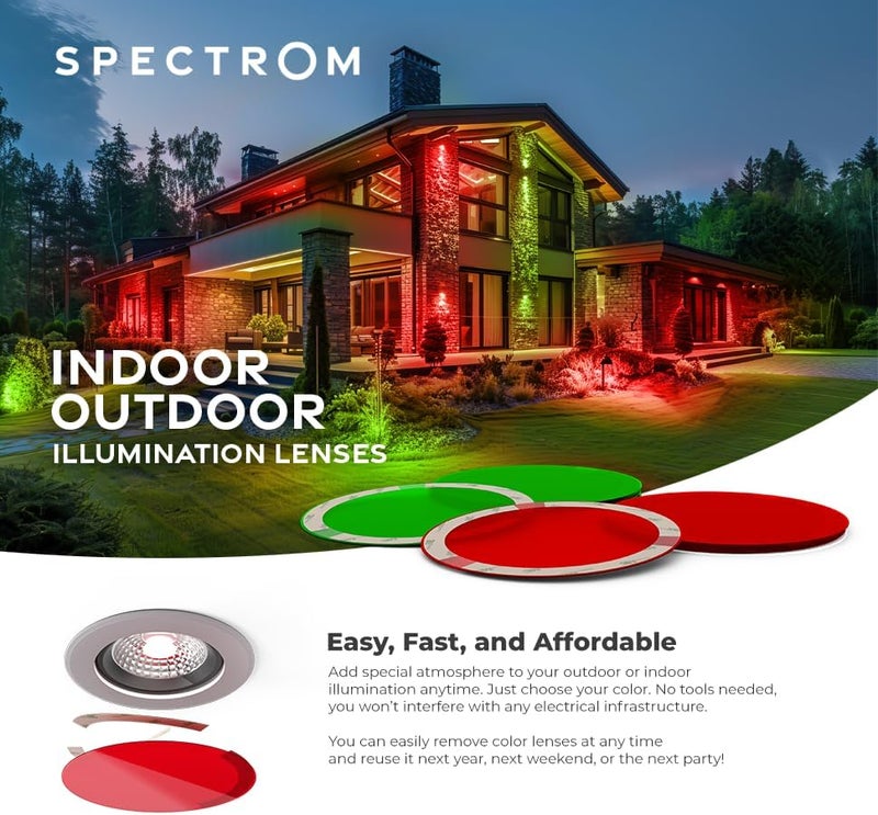 SPECTROM Illumination Lenses for Pot Lights & Recessed Lighting | Instant Colour Change, Tool-Free Setup, Reusable & Eco-Friendly, Any Event, Easy Peel & Press Application (Red (6pcs) & Green (6pcs)) - Image 3